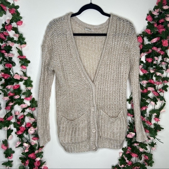 Full Tilt Tan/Beige Crochet Knit Pattern Button Up Cardigan Casual Lounge XS - Picture 1 of 10